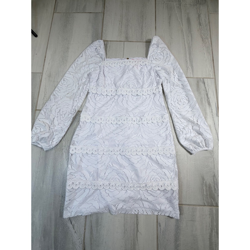 Lilly Pulitzer White Lace Rose Mini Dress Square Neck Long Sleeve Size 6